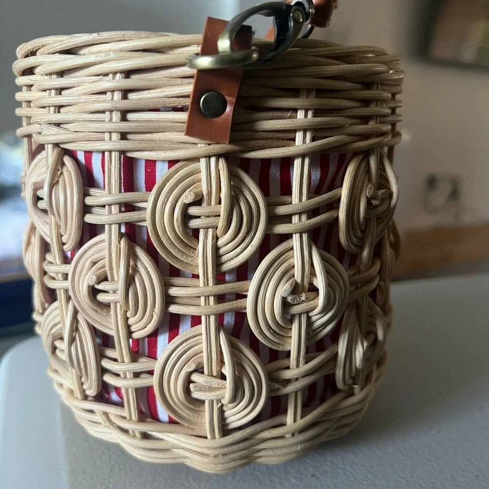 Anthropologie Woven Basket Mini Bag NWOT Rattan, Cotton lining Red/White cross - Picture 12 of 16